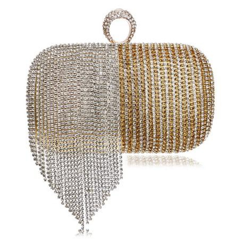 Patchwork Colorful Women Evening Bags Chain Shoulder Messenger Purse Bag Tassel Rhinestones Finger Ring Evening Clutch Bag