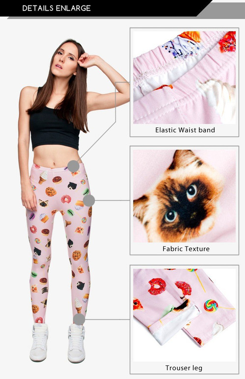 Funny Outwork Leggings 3D Pink Cat Sweet Dessert And Food Legging Women Pants Leggings