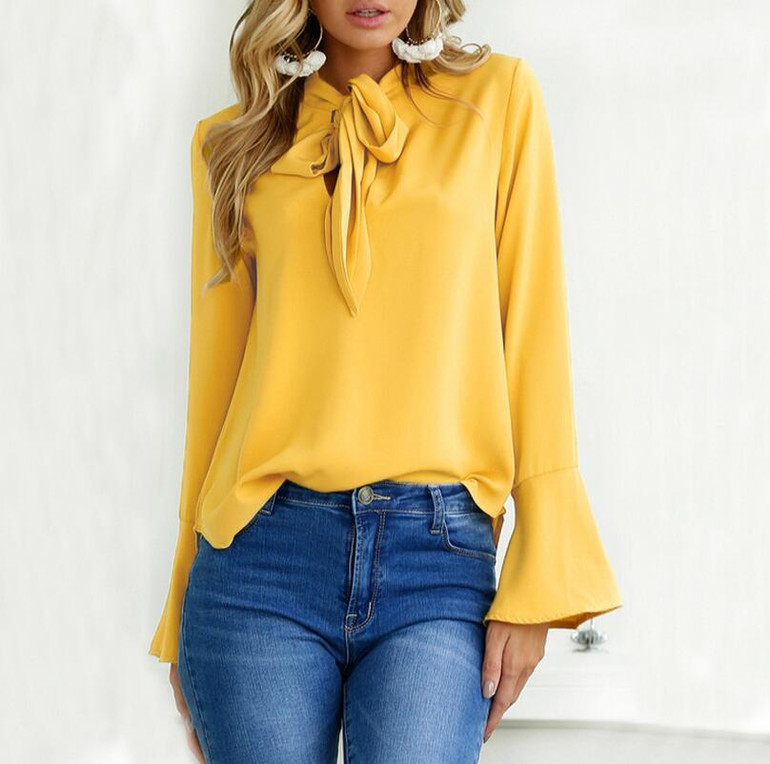 Fashion Flare Long Sleeve Bow Chiffon Ruffle Blouse 2018 Spring Irregular Solid Women Tops Clothing Casual Shirts Black Blouses