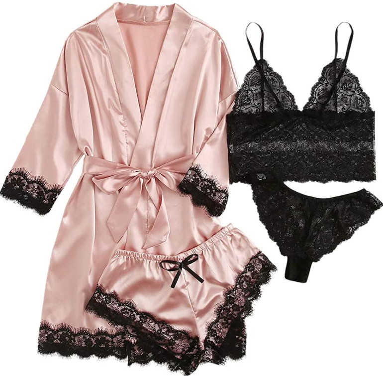 4pcs Lace Trim Satin Cami Set with Robe