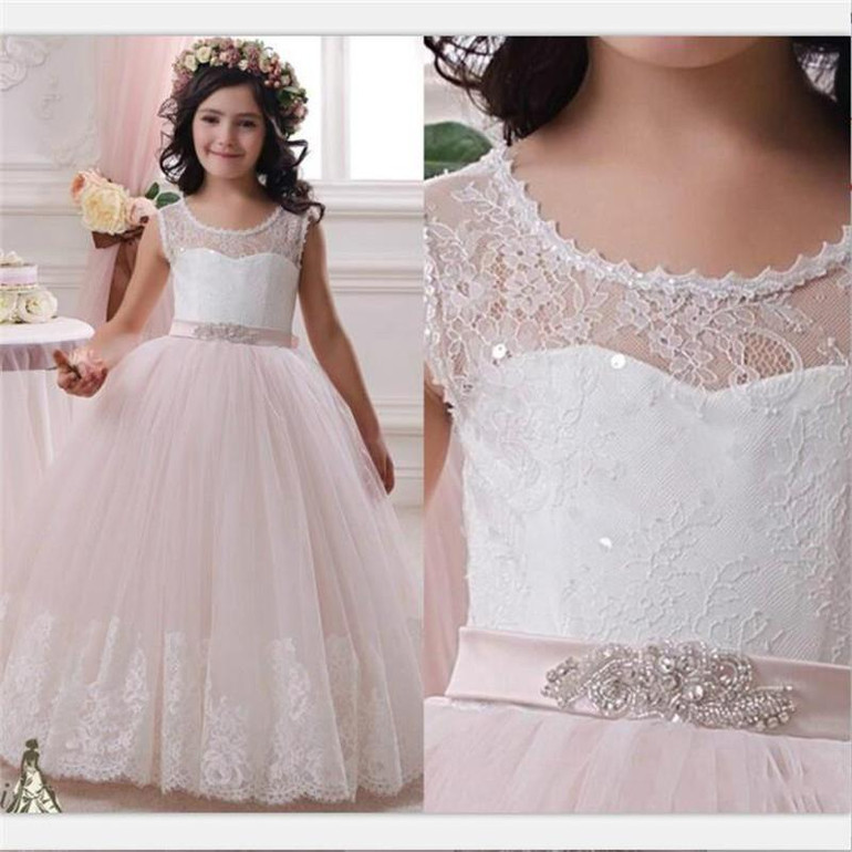 Pink Lace Beading First Communion Dresses For Girls 2016 vestido daminha Ball Gown Princess Evening Gowns Kids Flower Girl Dress