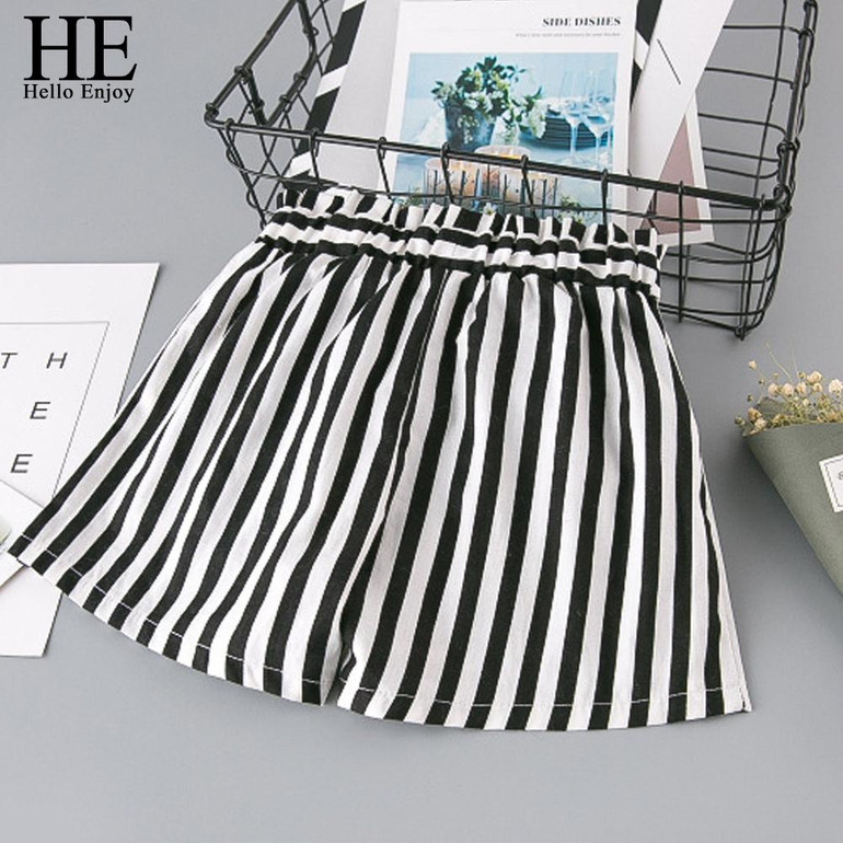 HE Hello Enjoy Summer Girls Clothes Sets Children's Clothing Fashion Girl Shirt Top+Striped Shorts Suits 2018 Kids Clothing 2pcs