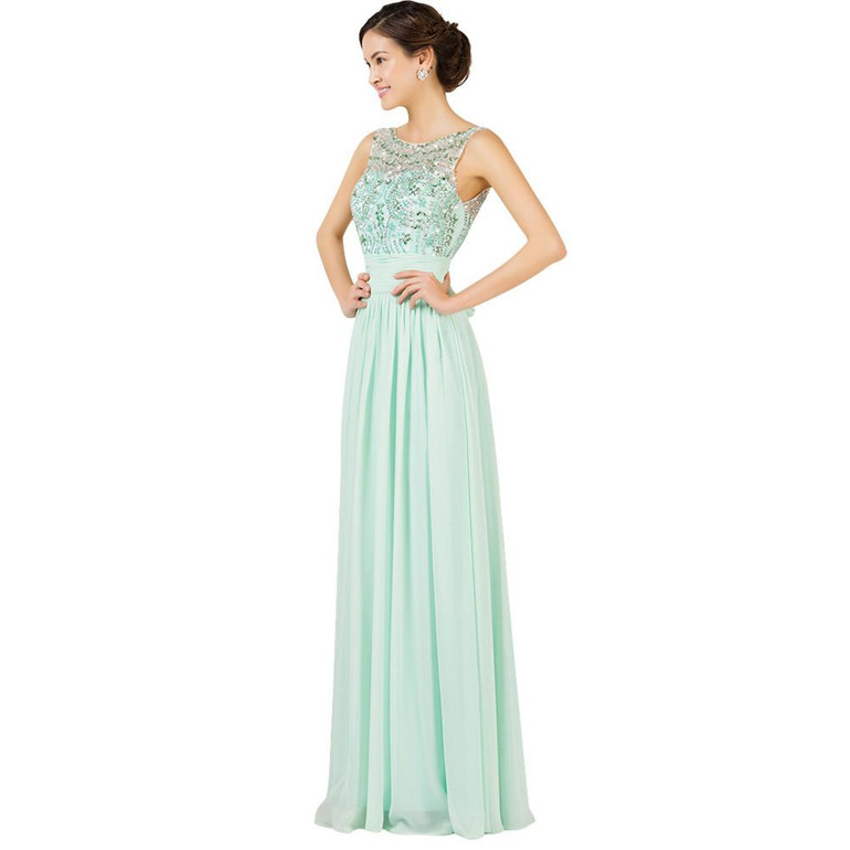 Grace Karin 2017 Mint Green Elegant Long Evening Dresses Floor Length Beading Formal Dress Backless Chiffon Evening Gowns GK7532