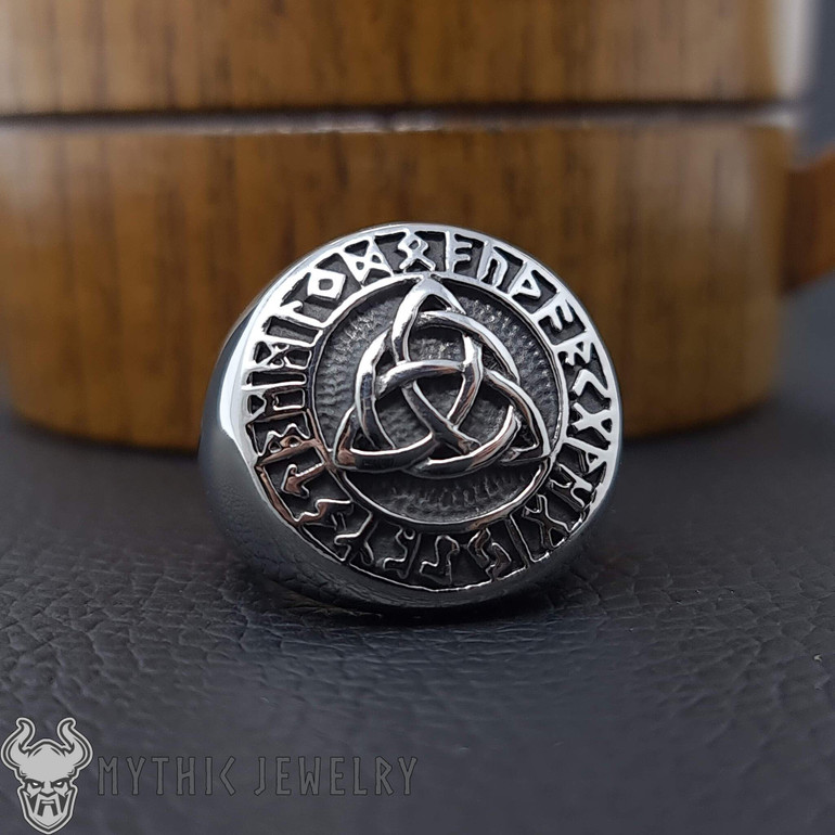 Triquetra Trinity Knot Ring With Runes Triquetra Trinity Knot Ring With Runes
