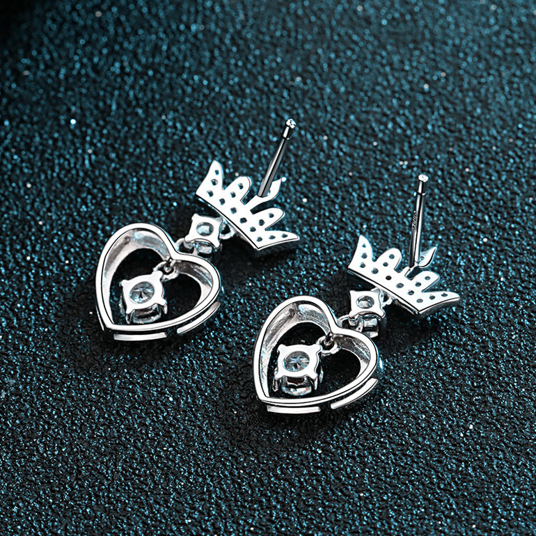 Round Cut Moissanite Diamond Crown Heart Earrings