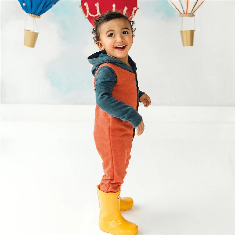 Baby Boys Button Hooded Long Sleeve Color Block Romper Babywear Wholesale