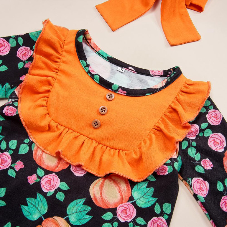 Baby Girls Printed Pumpkin Romper&Headband Wholesale Baby Clothes Usa Baby Girls Printed Pumpkin Romper&Headband Wholesale Baby Clothes Usa