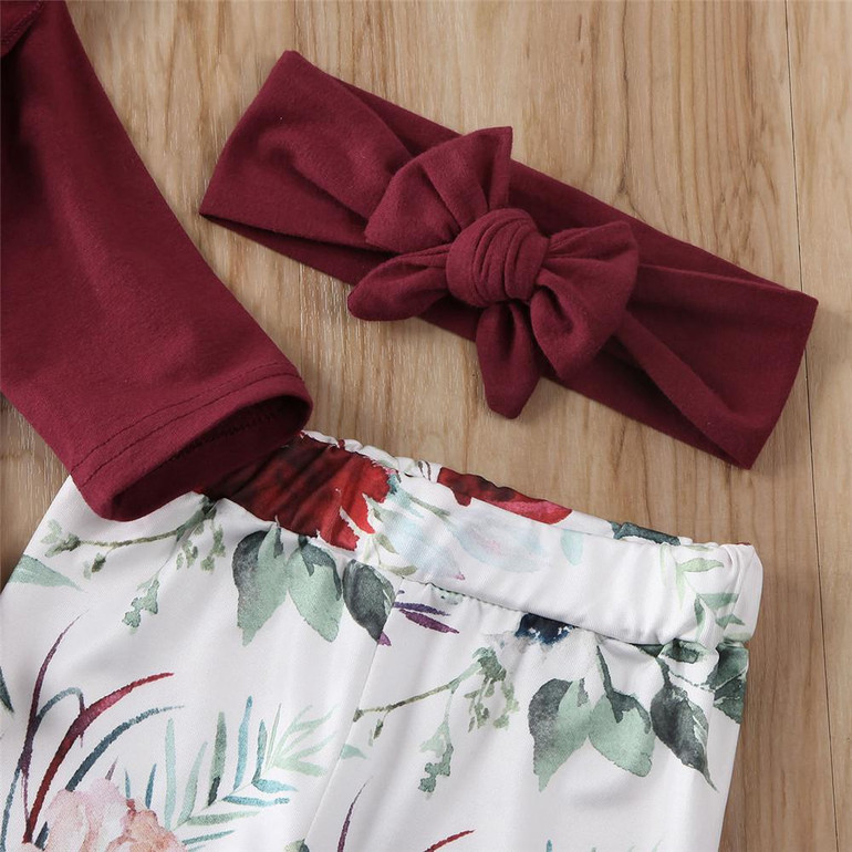 Baby Girls Ruffle Solid Rompers & Floral Pants & Headband Baby Girls Ruffle Solid Rompers & Floral Pants & Headband