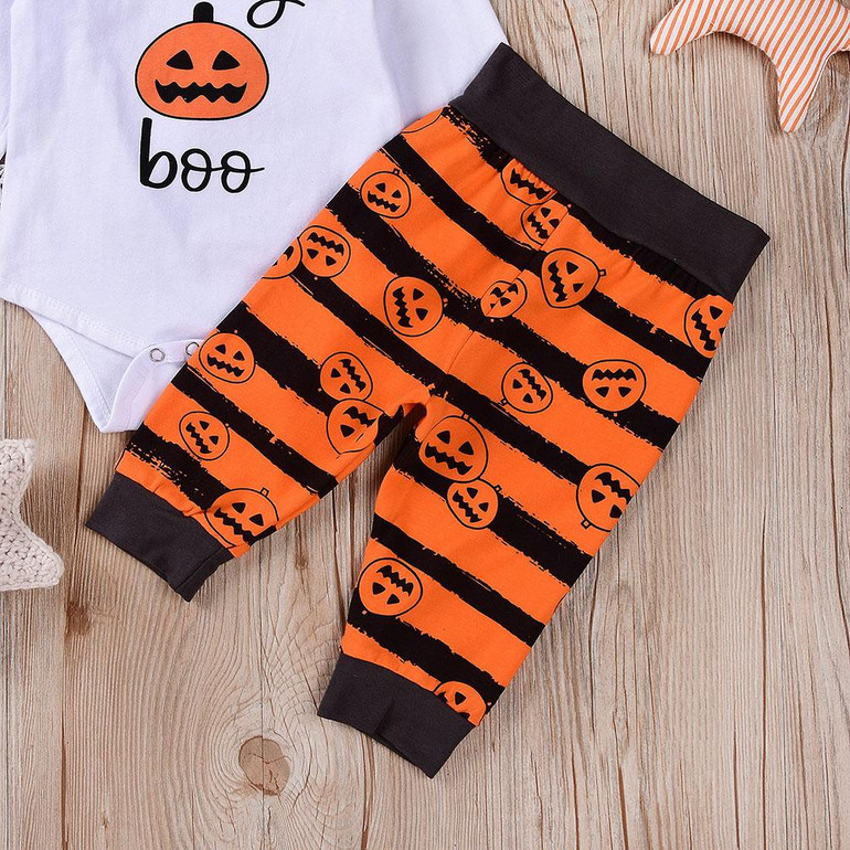 Baby Halloween Letter Print Romper & Stripe Pants & Hat