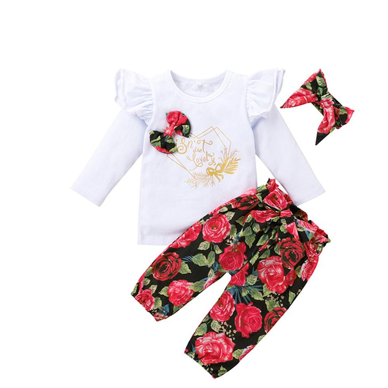 Baby Girl Floral Bow Letter Printed Long Sleeve Top & Pants Wholesalebaby