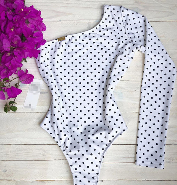Polka Dot One-shoulder Long Sleeve Swimsuit