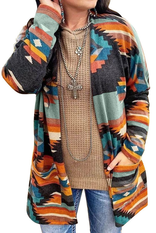 Print Pocket Open Front Cardigan