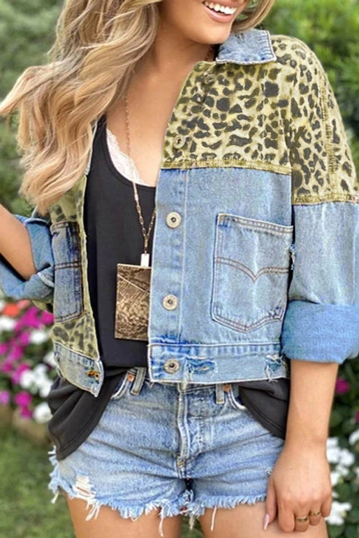 Leopard Splicing Cropped Denim Jacket with Pocket