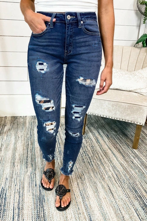 Women's Dark Leopard Patch Distressed Skinny Fashion Jeans