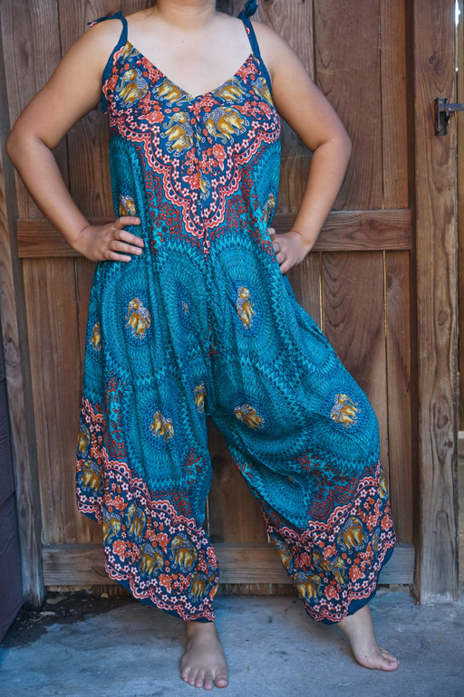 Teal Elephant Boho Hippie Jumpsuit Rompers