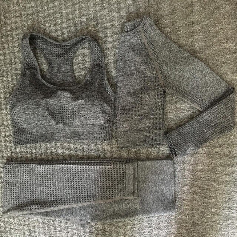 3pcs Women Seamless Yoga Set Fitness Sports Suits GYM Cloth Long Sleeve Shirts High Waist Running Leggings Workout Clothing Wear
