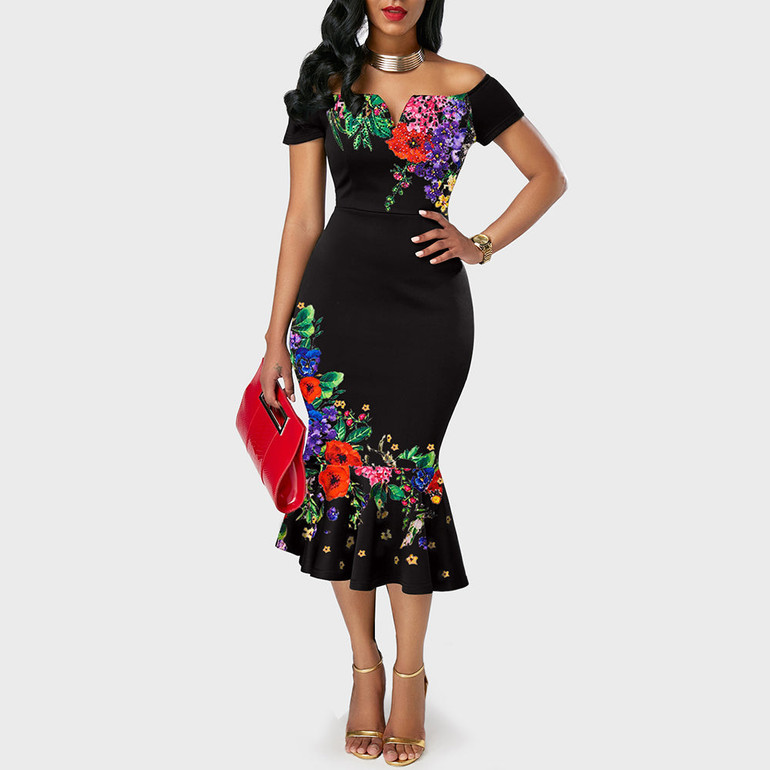 INTERNATIONAL FASHIONS- Women Bodycon Ruffle Dress Floral Print Autumn Evening cocktail Party Dress INTERNATIONAL FASHIONS- Women Bodycon Ruffle Dress Floral Print Autumn Evening cocktail Party Dress