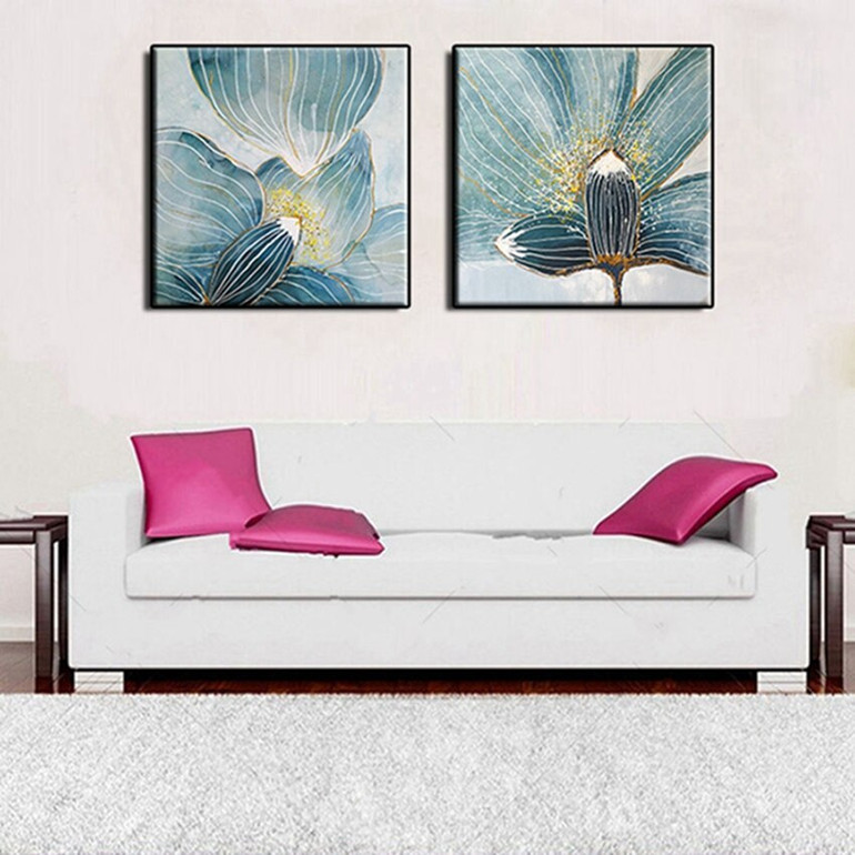 Newest Acrylic Painting 2 Panels Flowers Canvas Wall Decor Art Modern Hand Painted Oil Painting Blue Flower