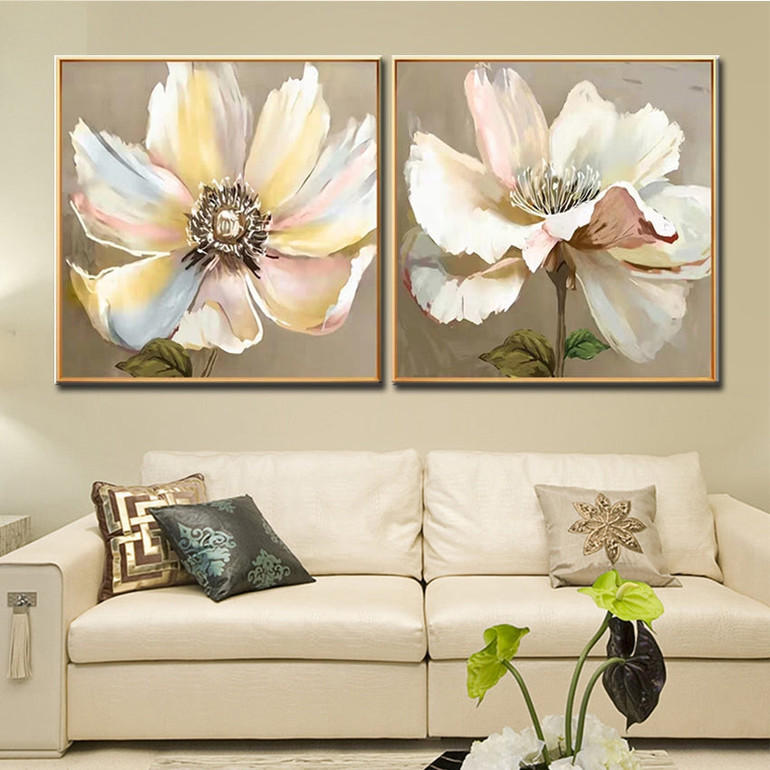 Hand-Painted 2 Panel Lotus Flower Art Oil Painting Canvas Wall Art Home Wall Large Flower Art Wall Decor