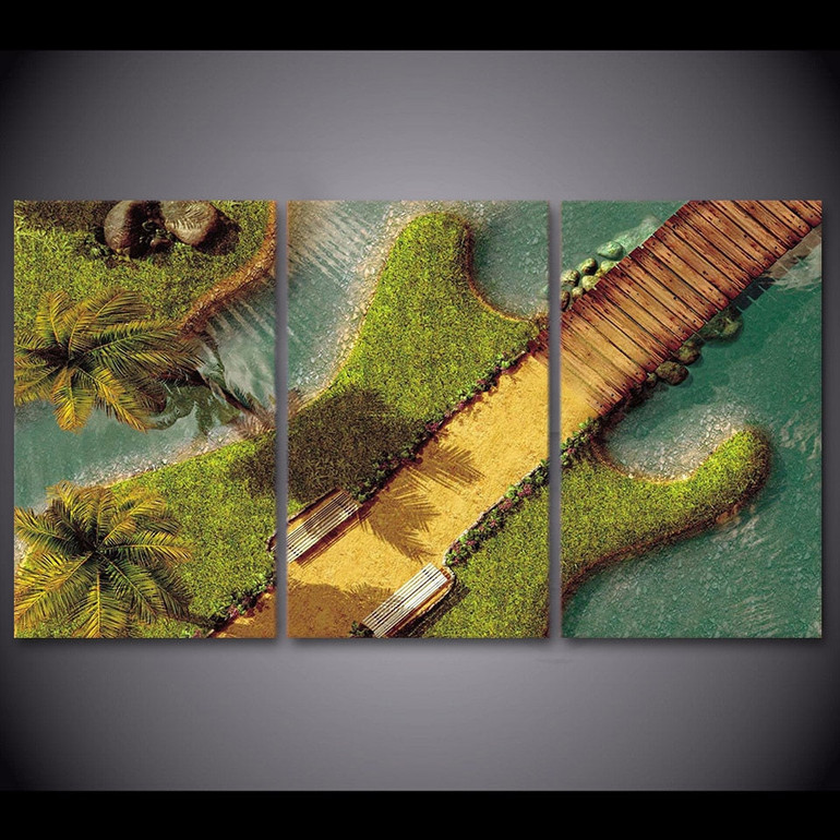 3 Piece Canvas Wall Art HD Printed Guitar Tree Bridge Resort Painting Room Decor Print Poster