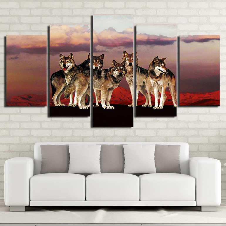 5 Piece HD Printed Canvas Painting Wolf Group the Red Mountain Posters Prints Modular Wall Picture 5 Piece HD Printed Canvas Painting Wolf Group the Red Mountain Posters Prints Modular Wall Picture