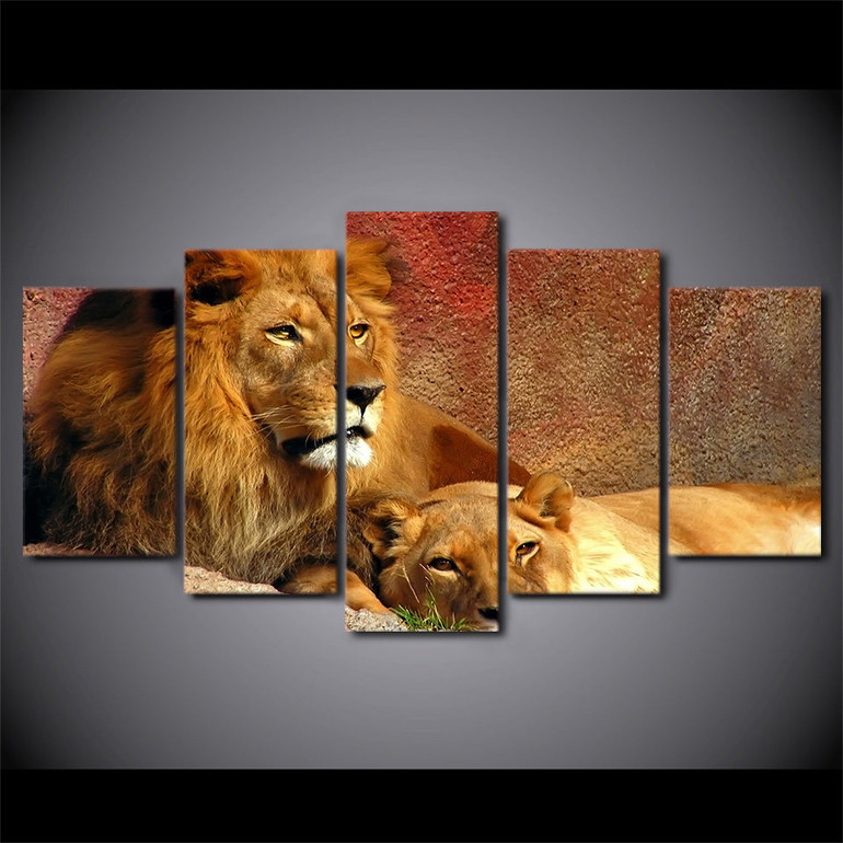 Decor Printed Pictures Painting Wall Art Modular 5 Panel Grassland Lions Modern Canvas Living Room HD