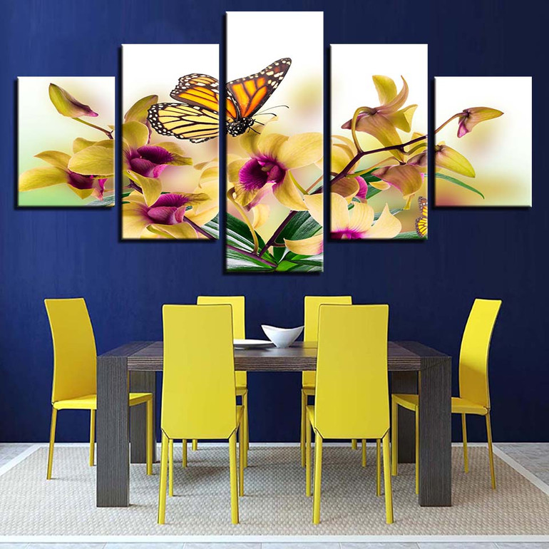 Modular Canvas Wall Art Printed Pictures HD Modern 5 Panel Yellows Flower Butterfly Paintings