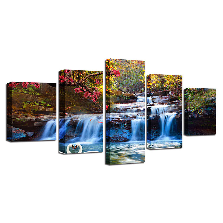 Wall Art Canvas Painting 5 Pieces Forest Lake Waterfall Scenery Pictures Tree Flower Swan Poster