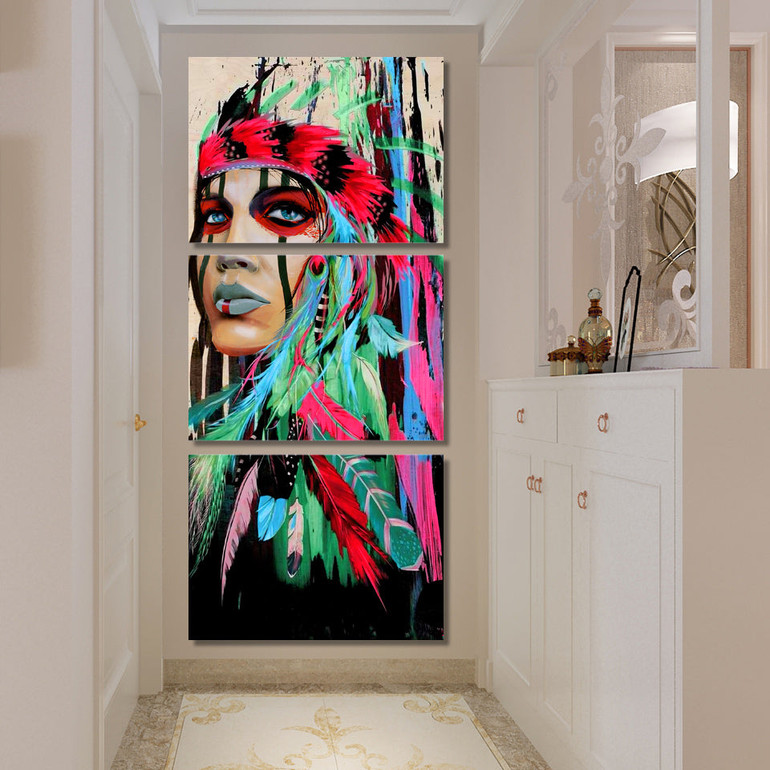HD Printed 3 Piece Canvas Art Native American Indian Feathered Painting Wall Pictures
