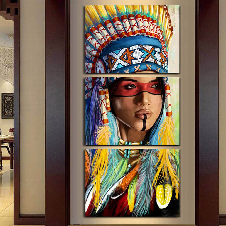 3 Panel Native American Indian Girl Feathered Canvas Painting Wall Art Prints Home Decor
