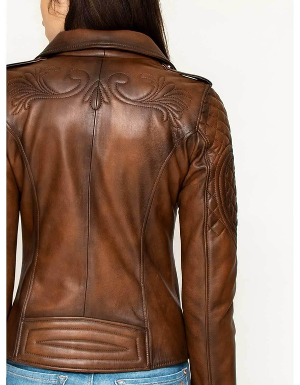 Brown Leather Biker Jacket For Women