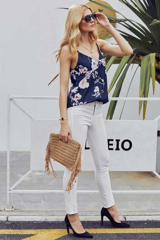Navy Blue Floral Print Button Down Tank Top