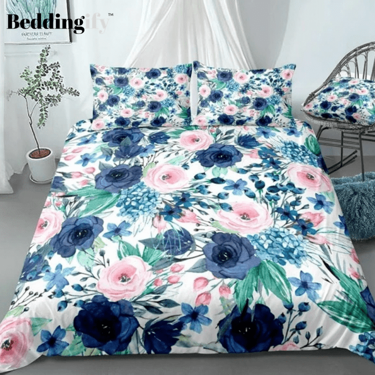 Watercolor Blue Pink Flora Bedding Set