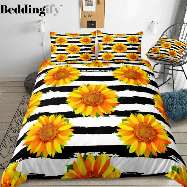 Black White Stripe Sunflowers Bedding Set