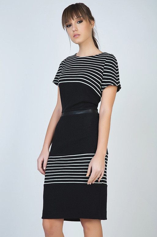Short Sleeve Fitted Black Dress with White Stripe Detail and Faux Leather Waistband by Conquista Fashion