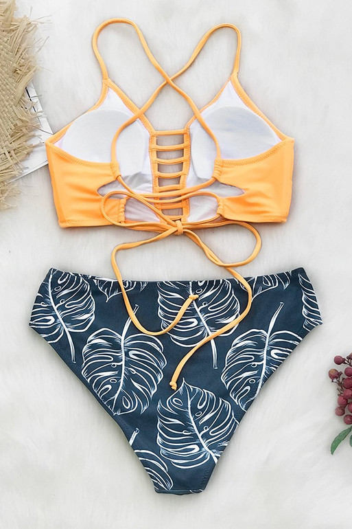 YELLOW AND LEAVES PRINT BIKINI