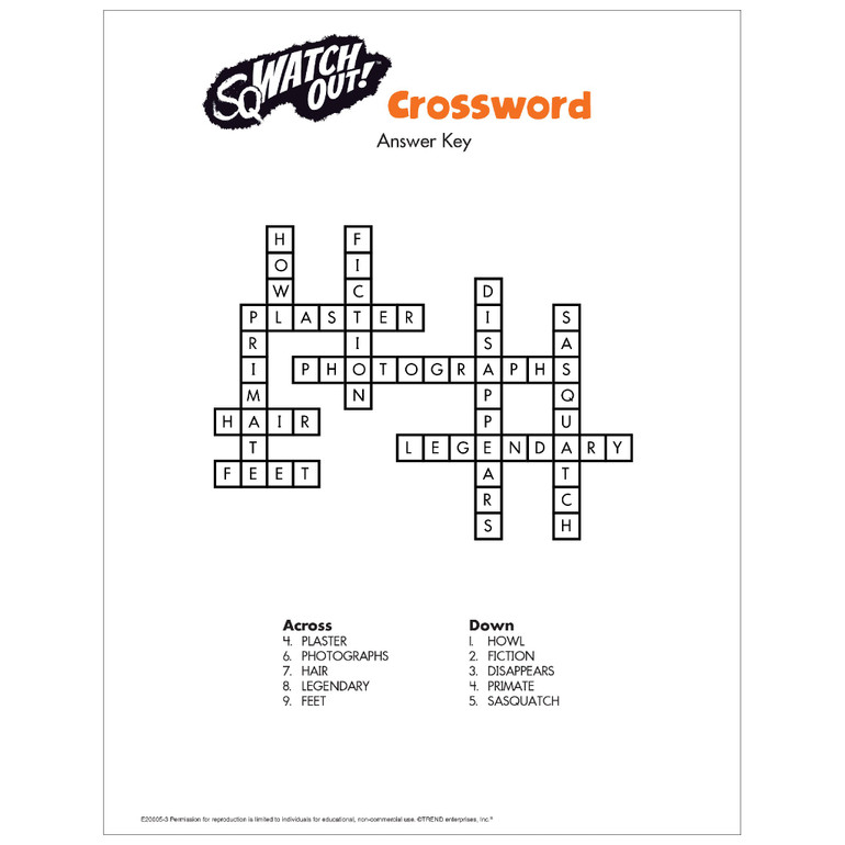 Bigfoot Crossword Puzzle Free Printable