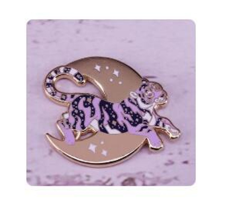 Purple Tiger & Moon Enamel Pin