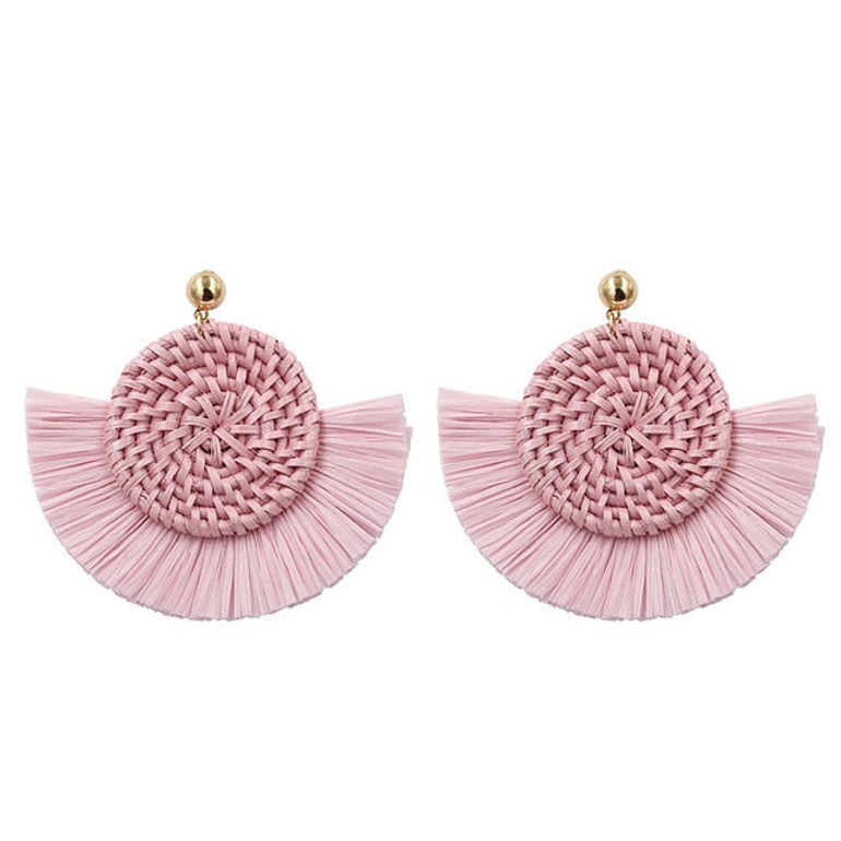 Leopard Print Wicker Woven Round Coin and Fringe Earrings