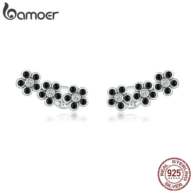 bamoer Sterling Silver 925 Jewelry Black CZ Daisy Flower Long Stud Earrings for Women Fine Jewelry  Brincos Brincos BSE400 bamoer Sterling Silver 925 Jewelry Black CZ Daisy Flower Long Stud Earrings for Women Fine Jewelry  Brincos Brincos BSE400