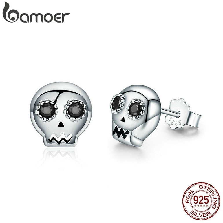 BAMOER Genuine 925 Sterling Silver Skull Skeleton Stud Earrings for Women Black Clear CZ Sterling Silver Jewelry Brincos SCE064 BAMOER Genuine 925 Sterling Silver Skull Skeleton Stud Earrings for Women Black Clear CZ Sterling Silver Jewelry Brincos SCE064