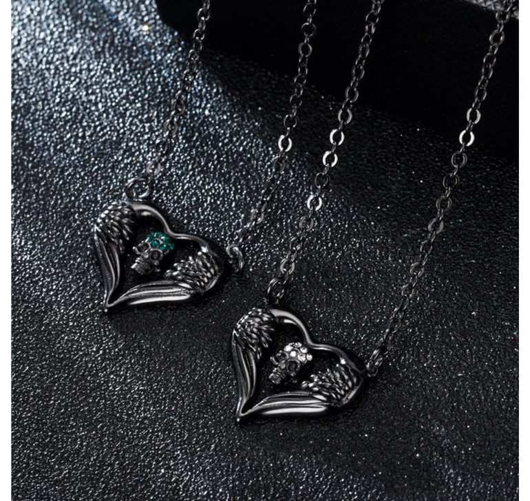 Winged heart skull necklace