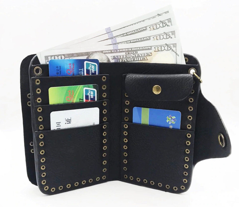 Skull and cross rivet wallet with chain