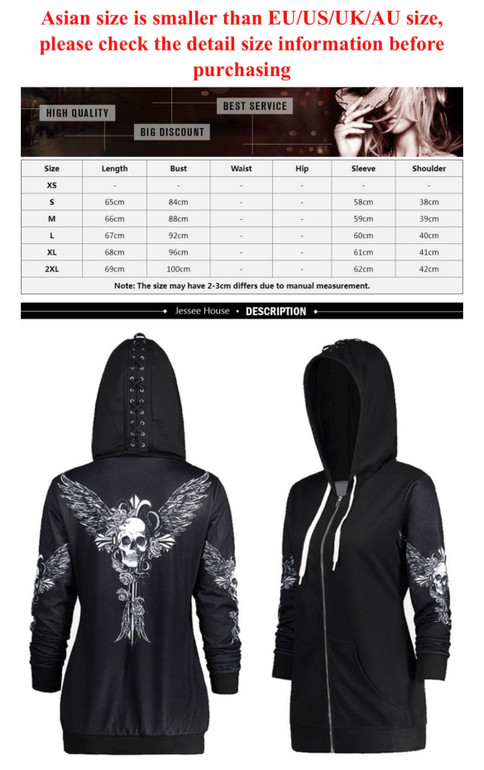 Long Sleeve Skull Wings Zip Up Hoodies