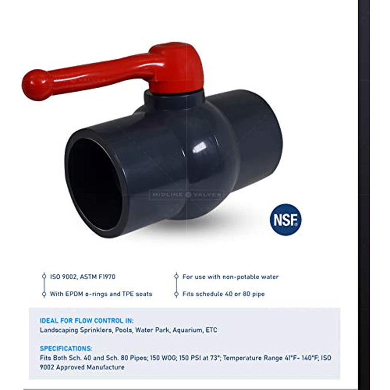 Midline Valve PVC Ball Valve with Pink T-Handle for Potable Water Use 3'' Solvent Connections Grey Plastic (492T300)