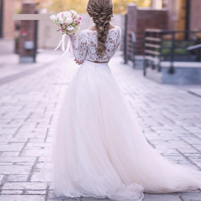 Long Sleeves Beach Wedding Dress  Lace Bridal Princess Boho Gown