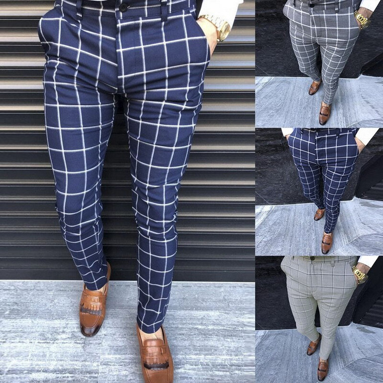 Formal Men Plaid Pants Slim Fit Business Casual Pencil Pants Skinny Button Long Trouser Formal Men Plaid Pants Slim Fit Business Casual Pencil Pants Skinny Button Long Trouser