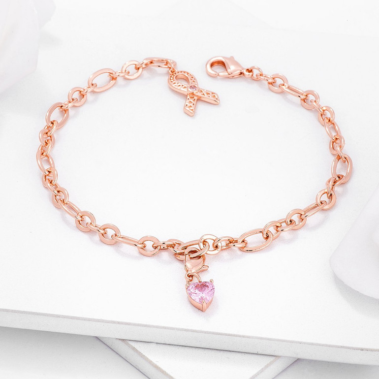 Rose Gold Plated Breast Cancer Awareness Ribbon and Heart Charm Bracelet Rose Gold Plated Breast Cancer Awareness Ribbon and Heart Charm Bracelet