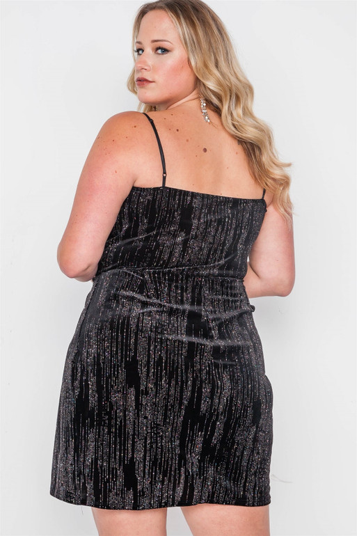 Plus Size Black Side Slit Cami Evening Mini Dress