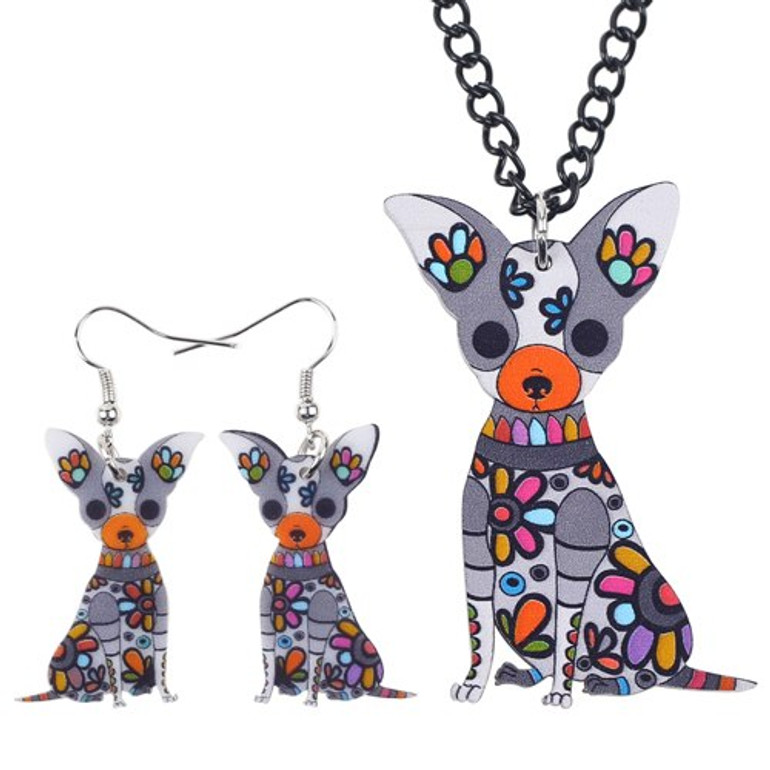 CHIHUAHUA ENAMEL NECKLACE & EARRING SET